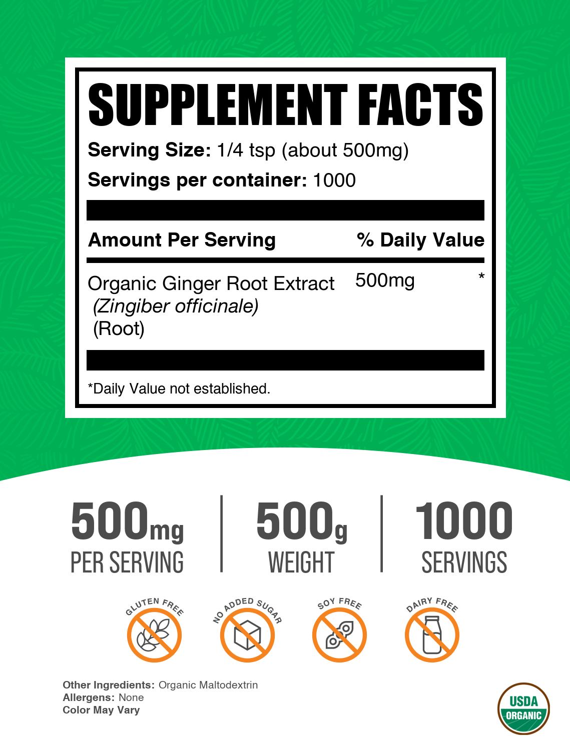 Organic Ginger Root Extract Powder 500g Label