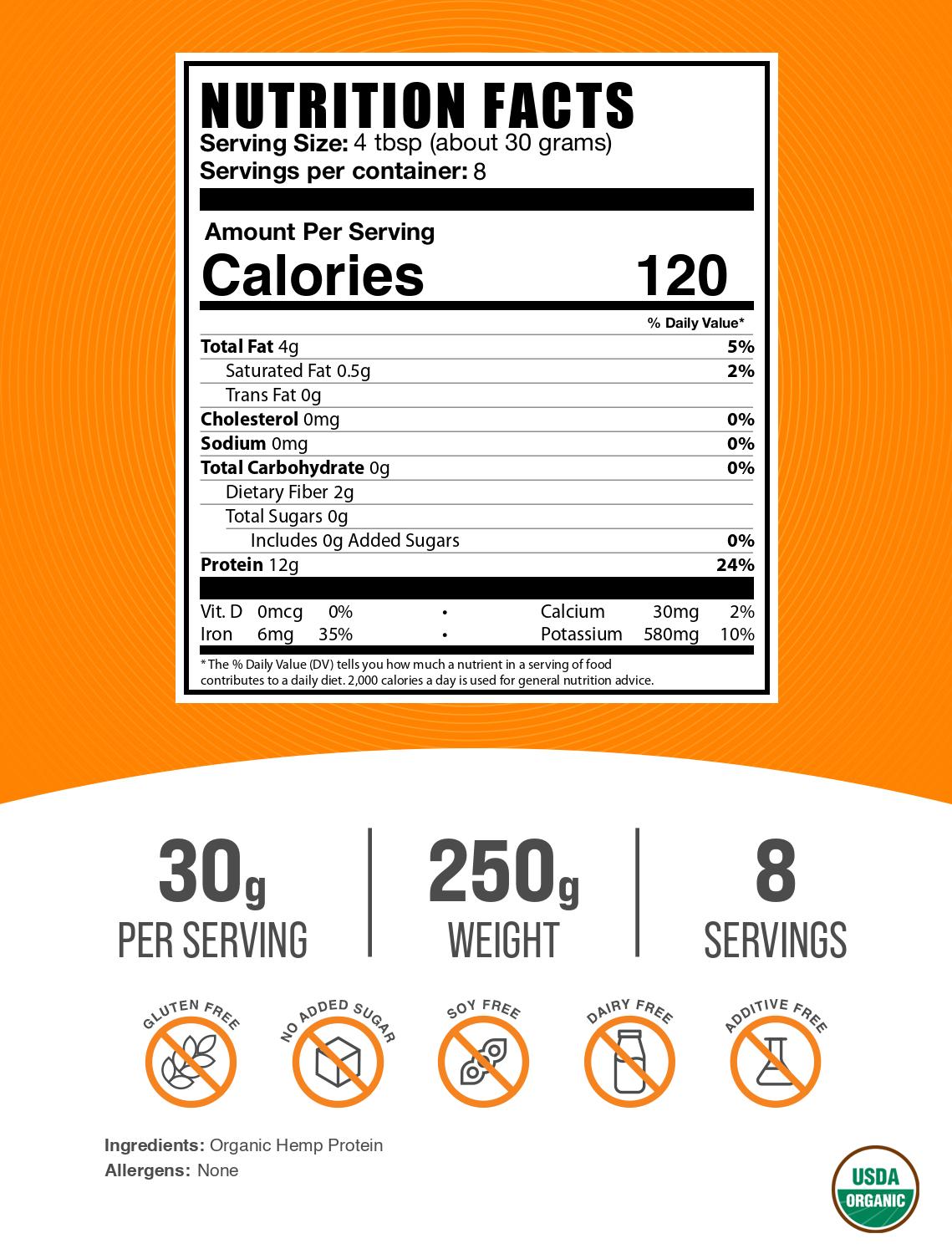 Organic hemp seed protein powder label 250g