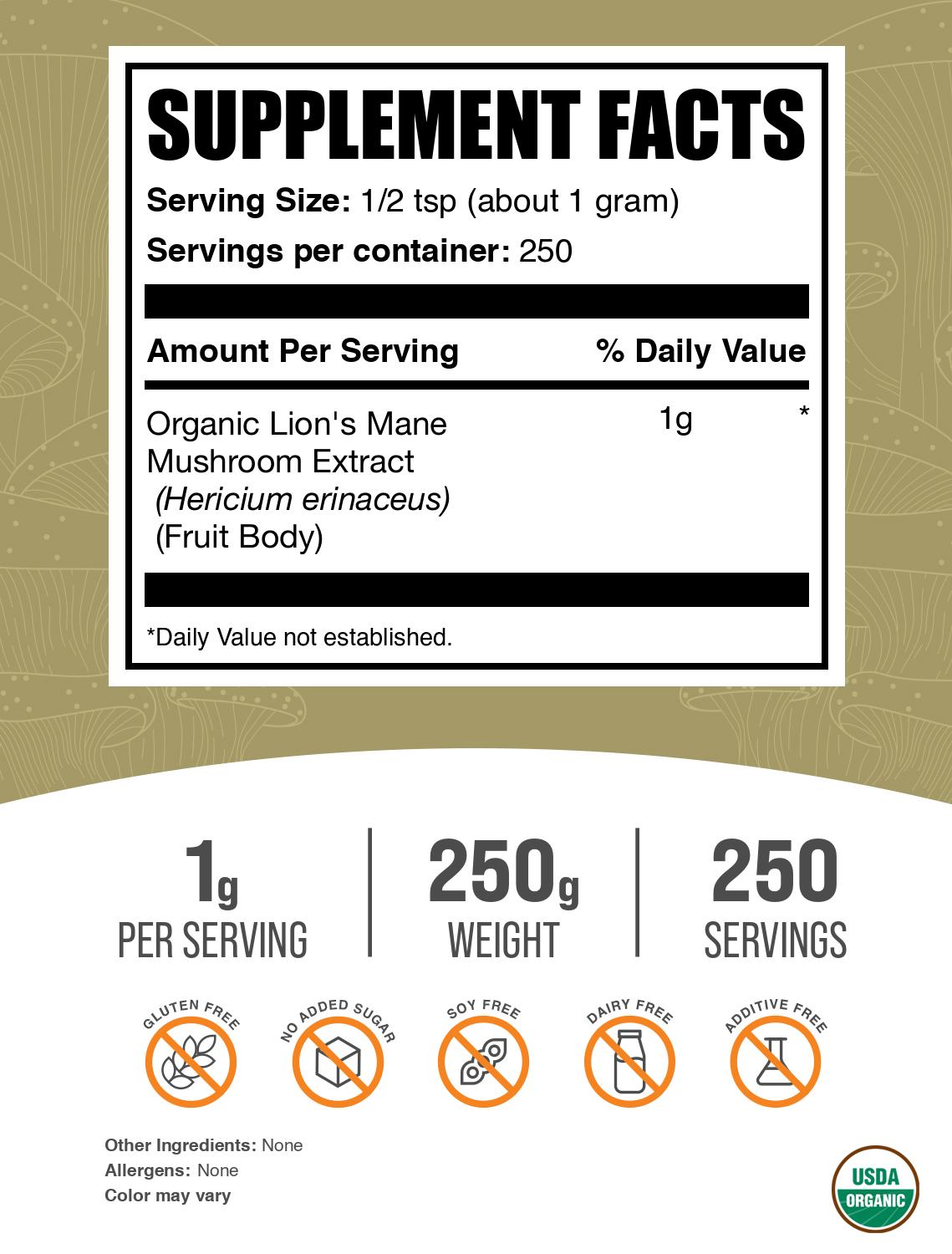 Organic Lions Mane Mushroom Extract Powder 250g Label