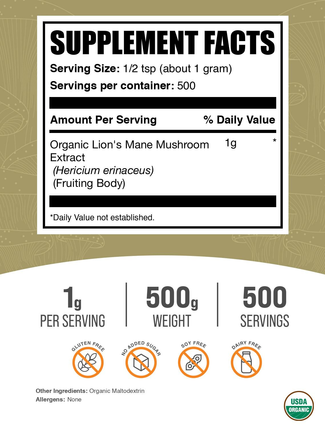 Organic Lions Mane Mushroom Extract Powder 500g Label