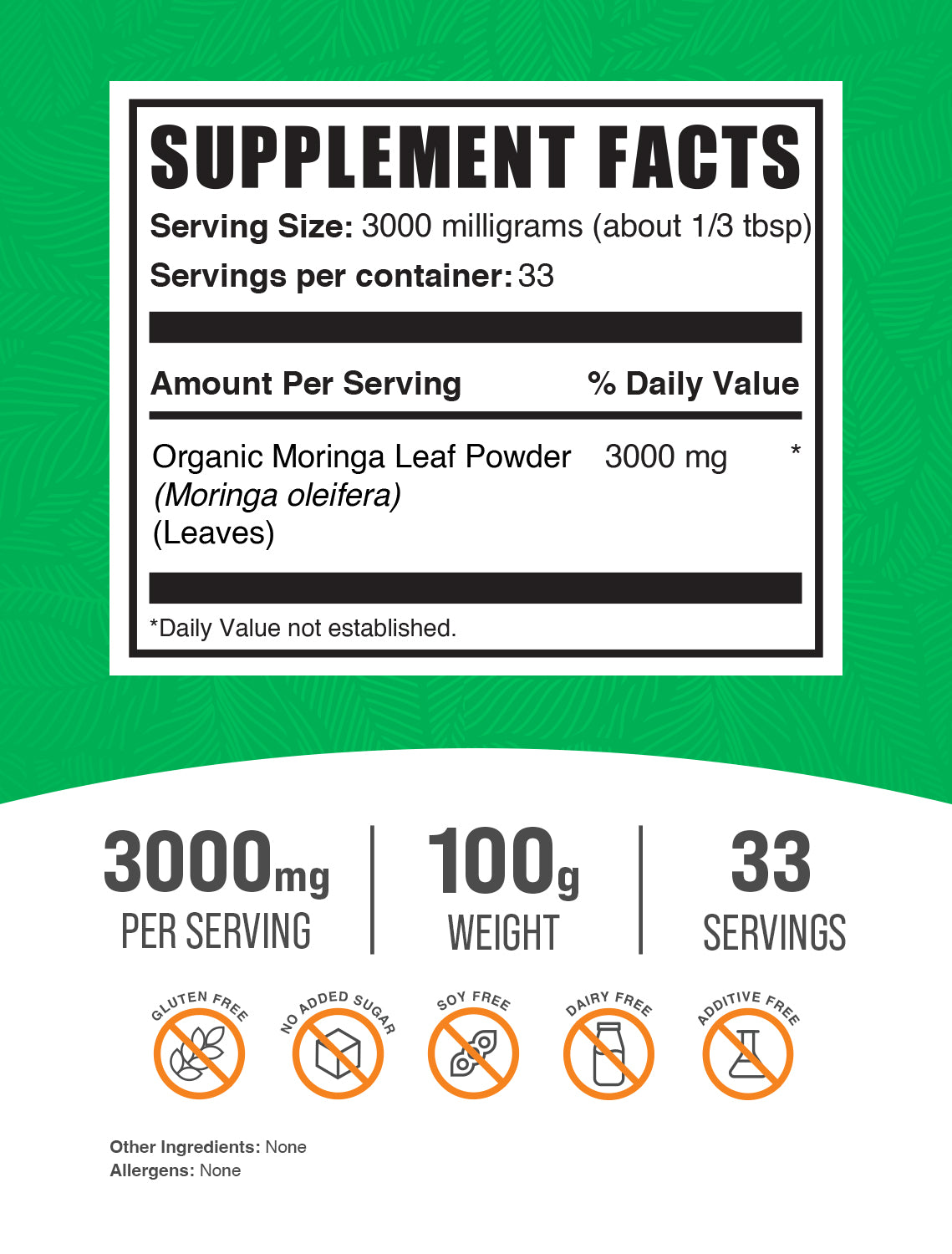 Organic moringa powder label 100g
