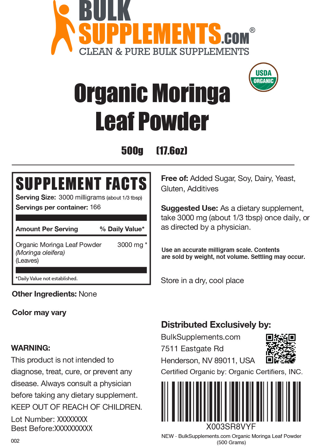 Organic moringa powder label 500g