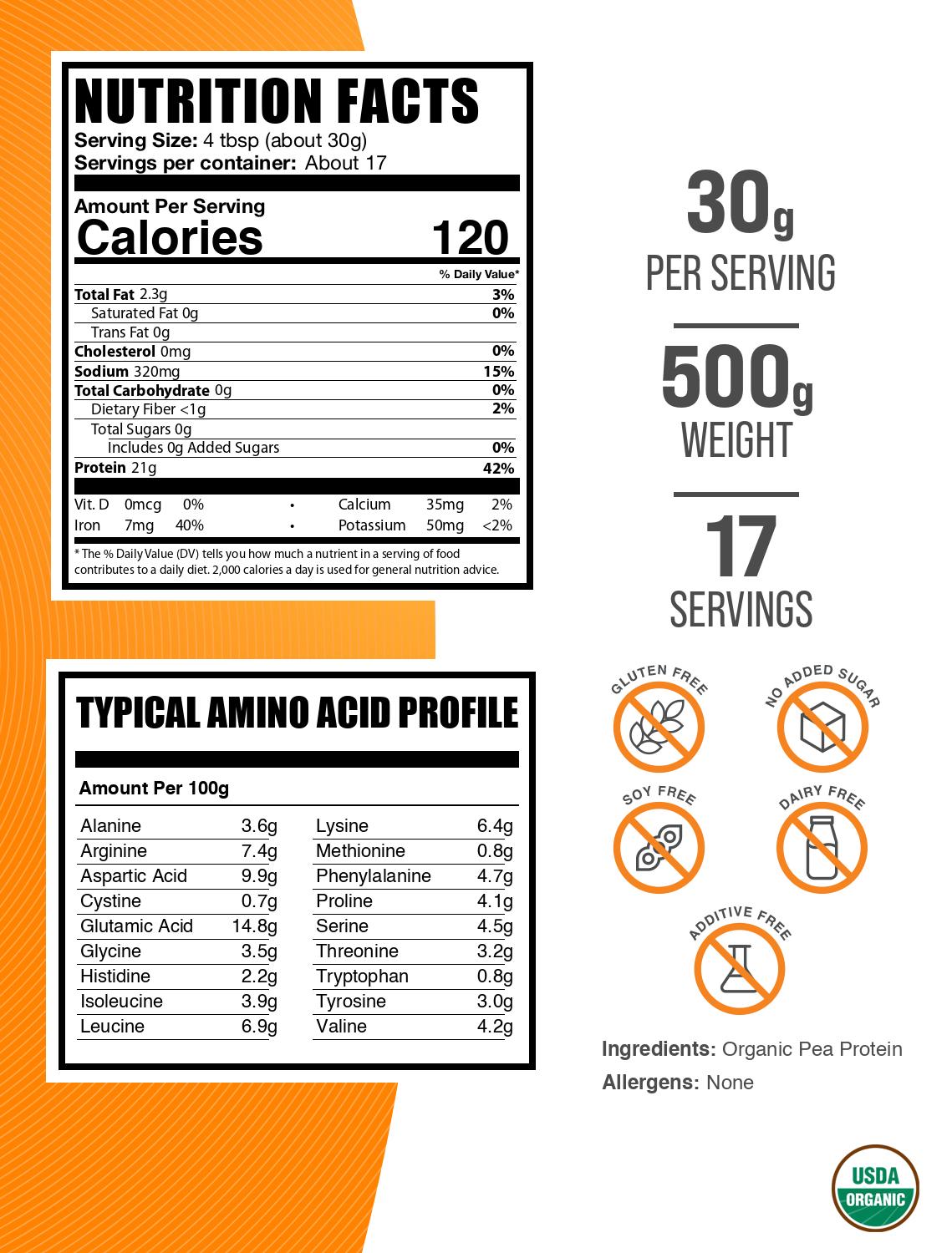 Organic pea protein powder label 500g
