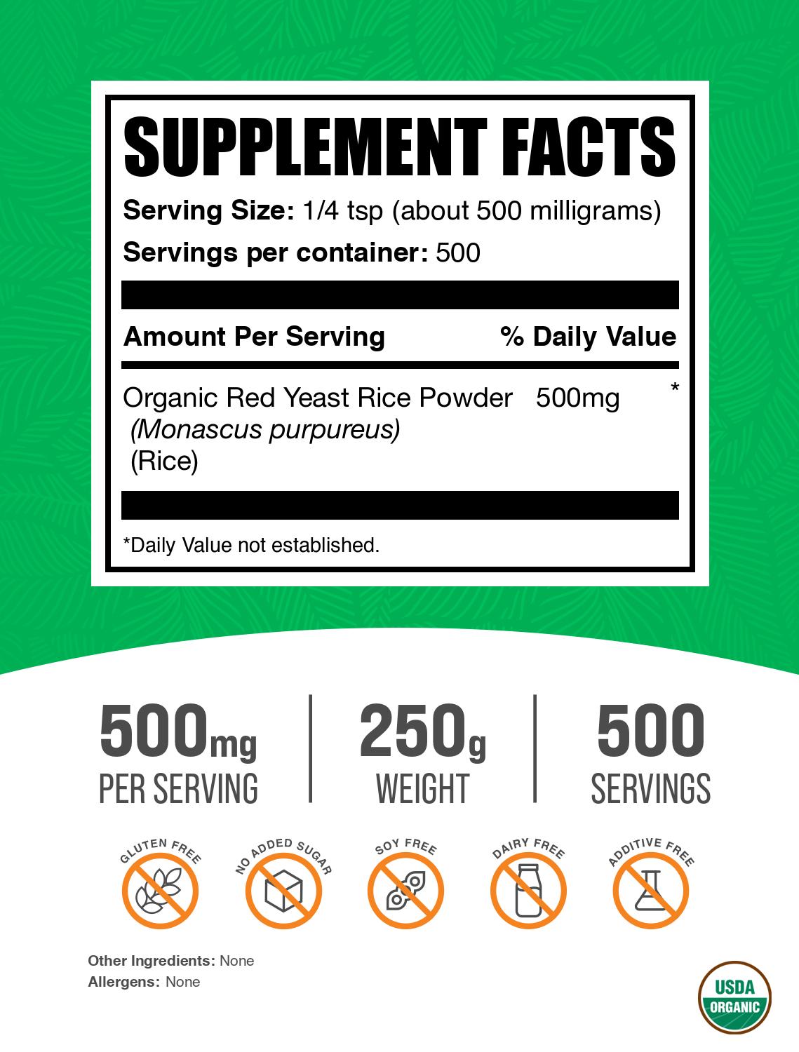 Organic red yeast rice powder label 250g
