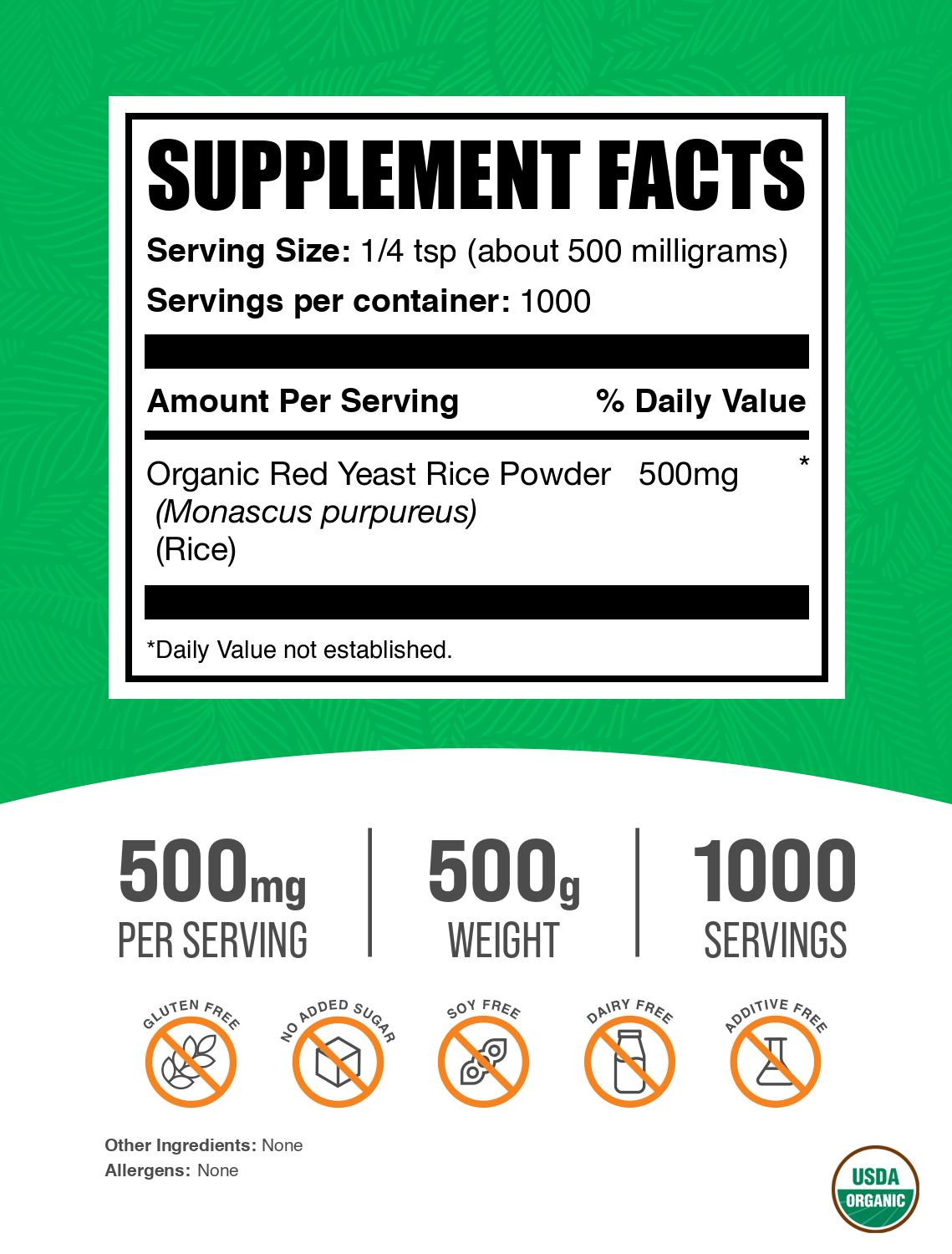 Organic red yeast rice powder label 500g