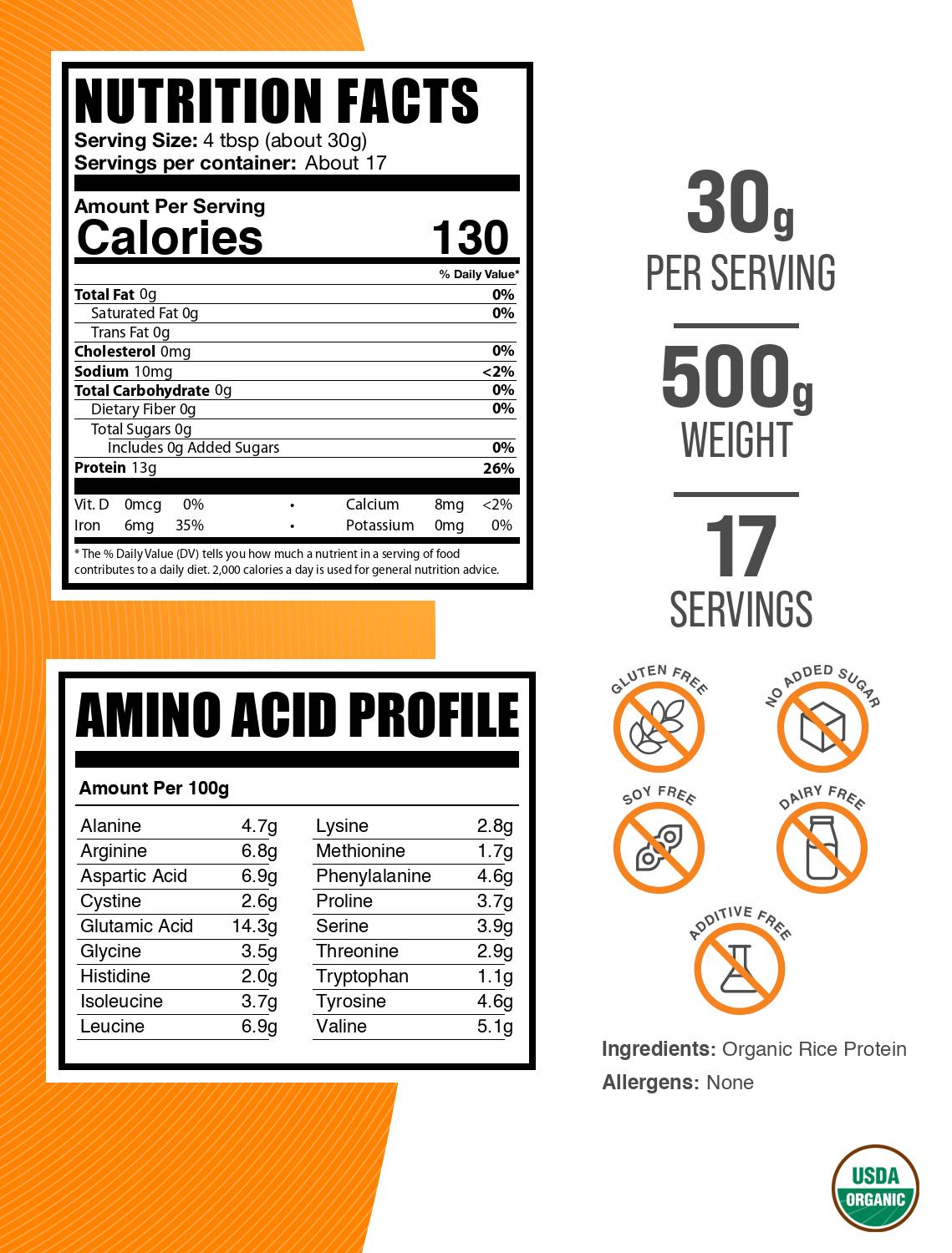 Organic rice protein powder label 500g