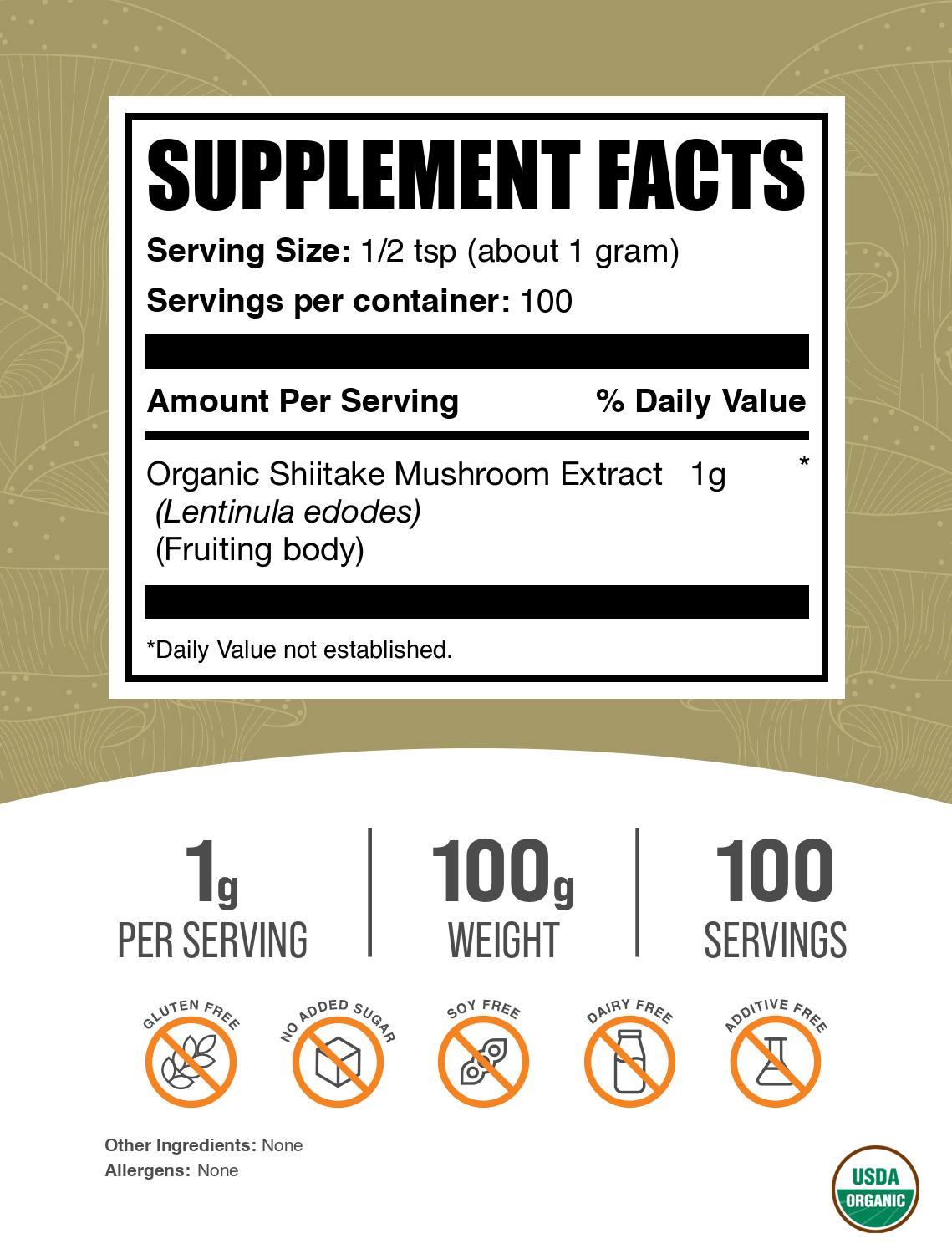 Organic Shiitake Mushroom Extract Powder 100g Label