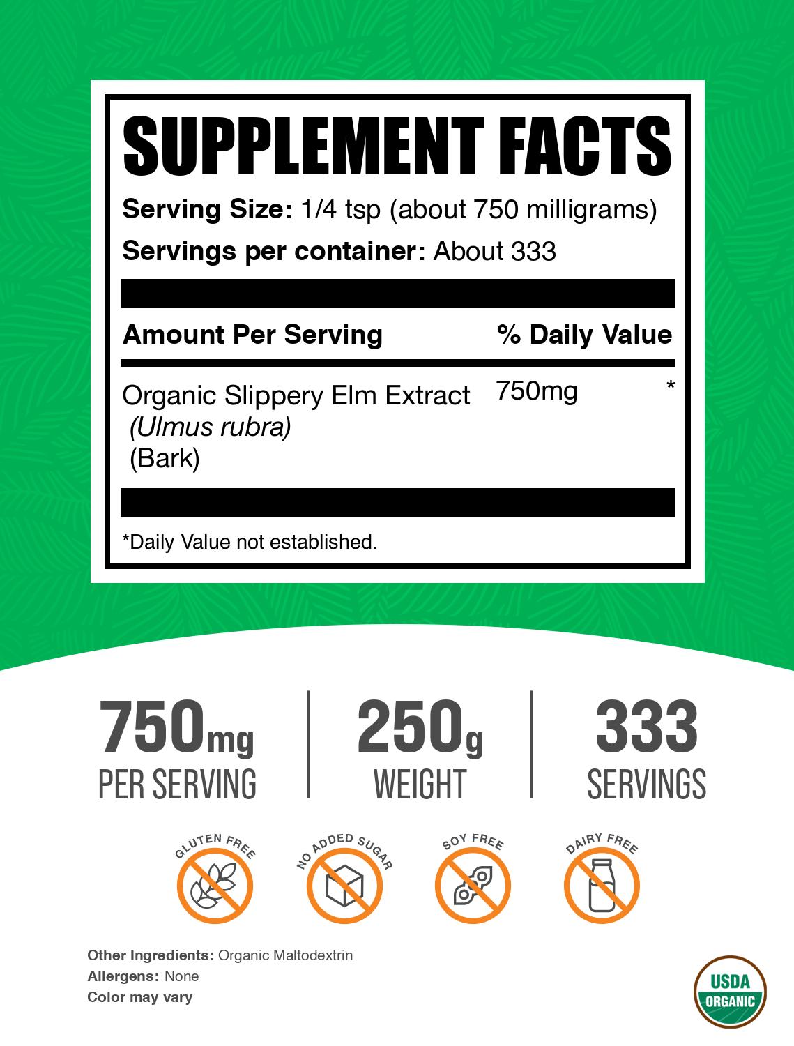 Organic Slippery Elm Extract Powder 250g Label