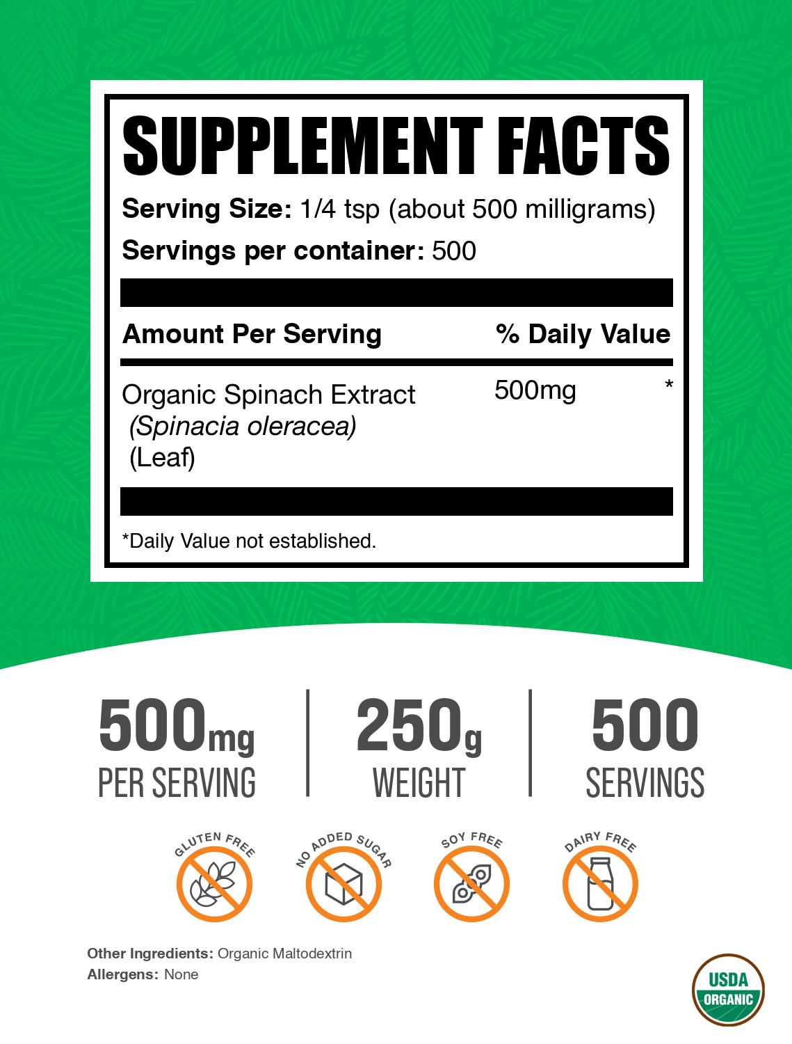 Organic spinach extract powder label 250g