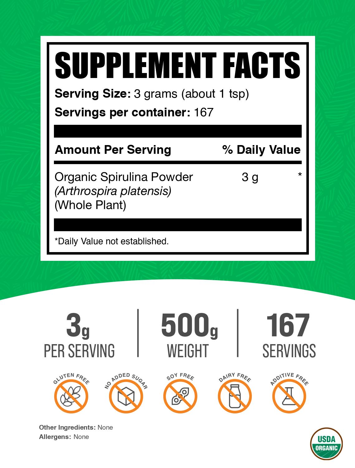 Organic Spirulina powder label 500g