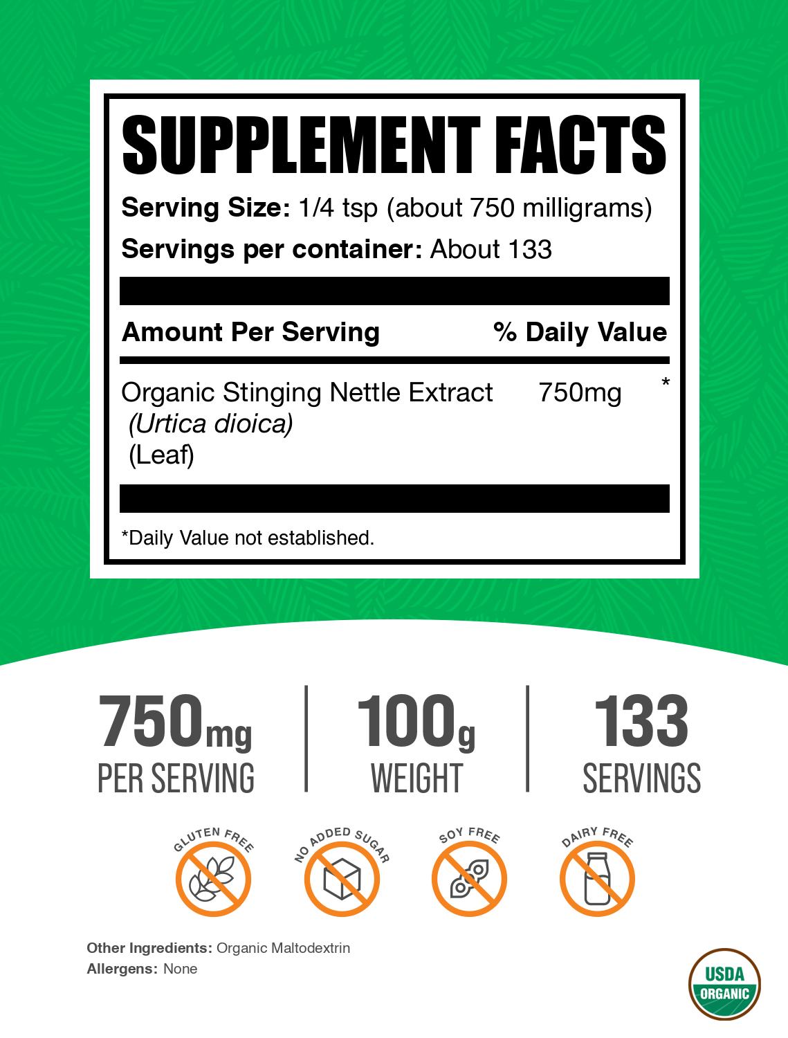 Organic stinging nettle extract powder label 100g