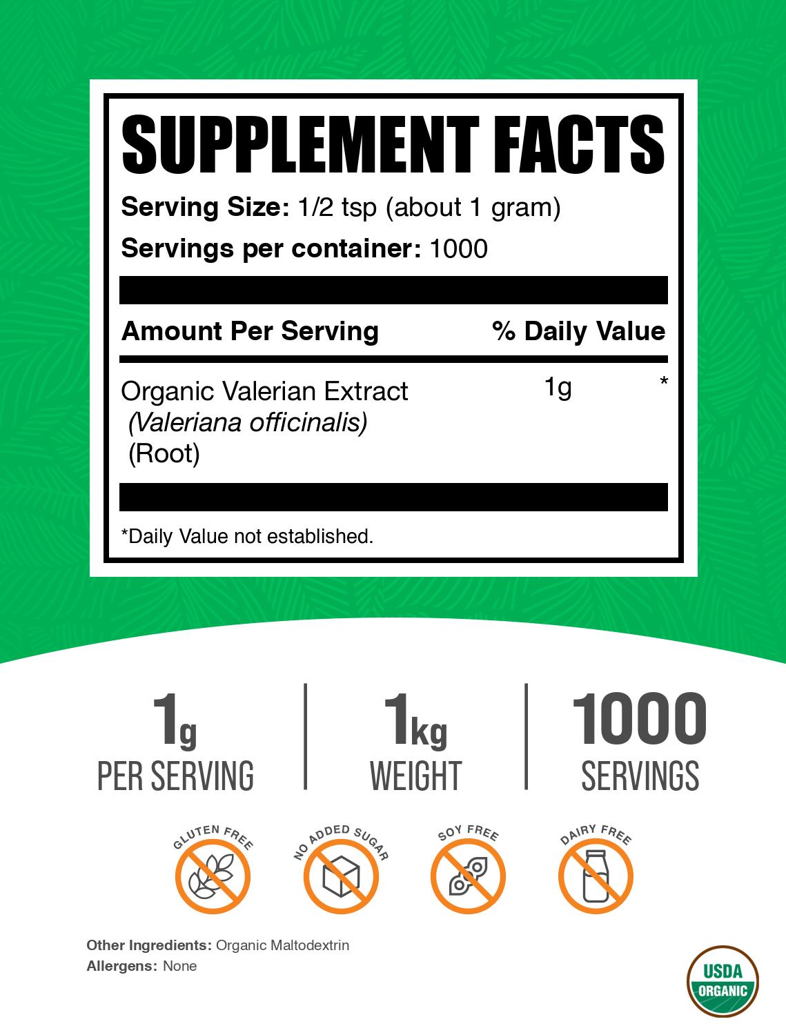 Organic valerian root extract powder label 1kg