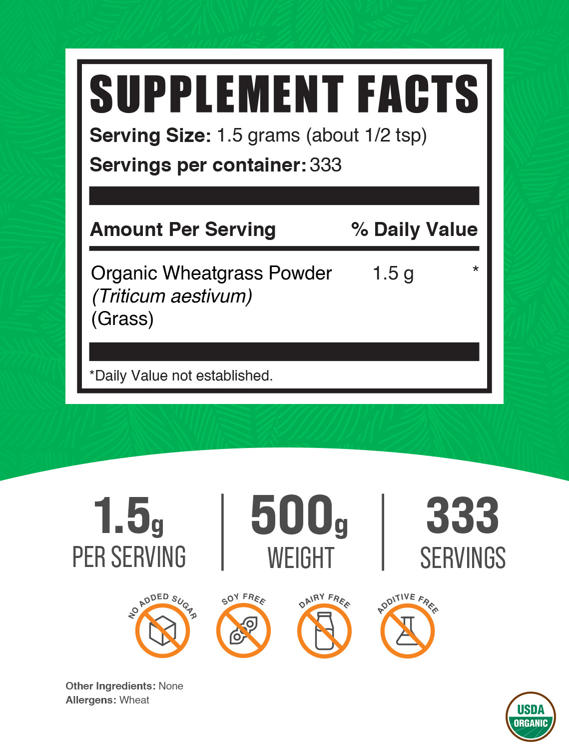 Organic wheatgrass powder label 500g