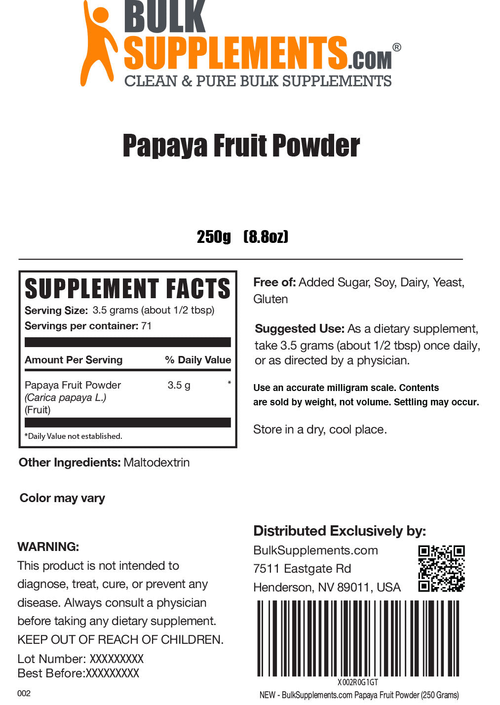Papaya fruit extract powder label 500g