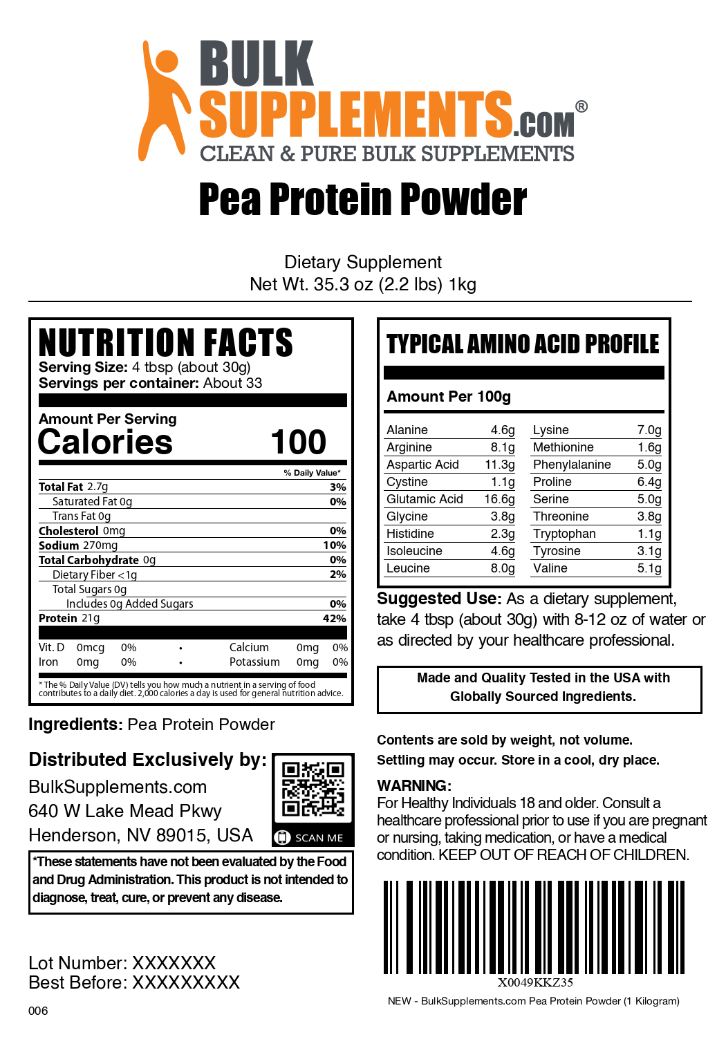 Pea protein powder label 1kg