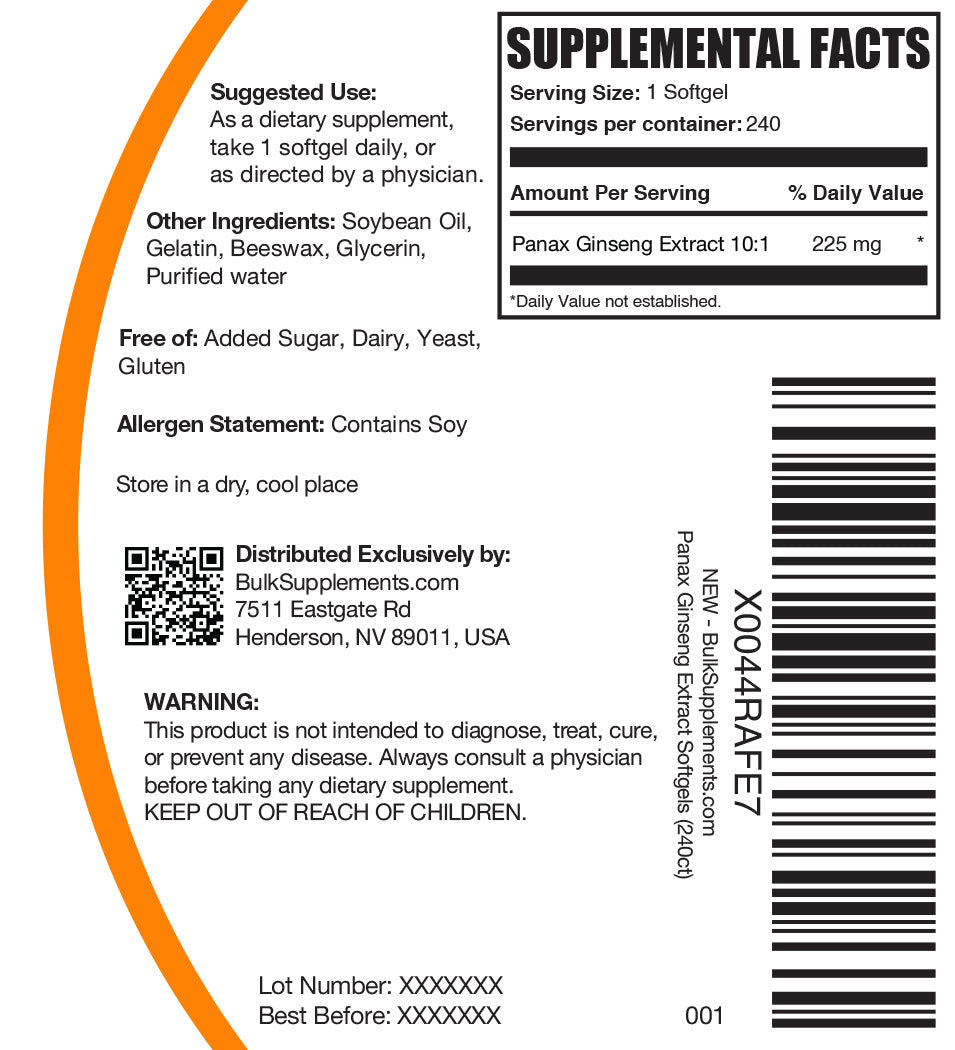 Panix ginseng softgels 240 ct label