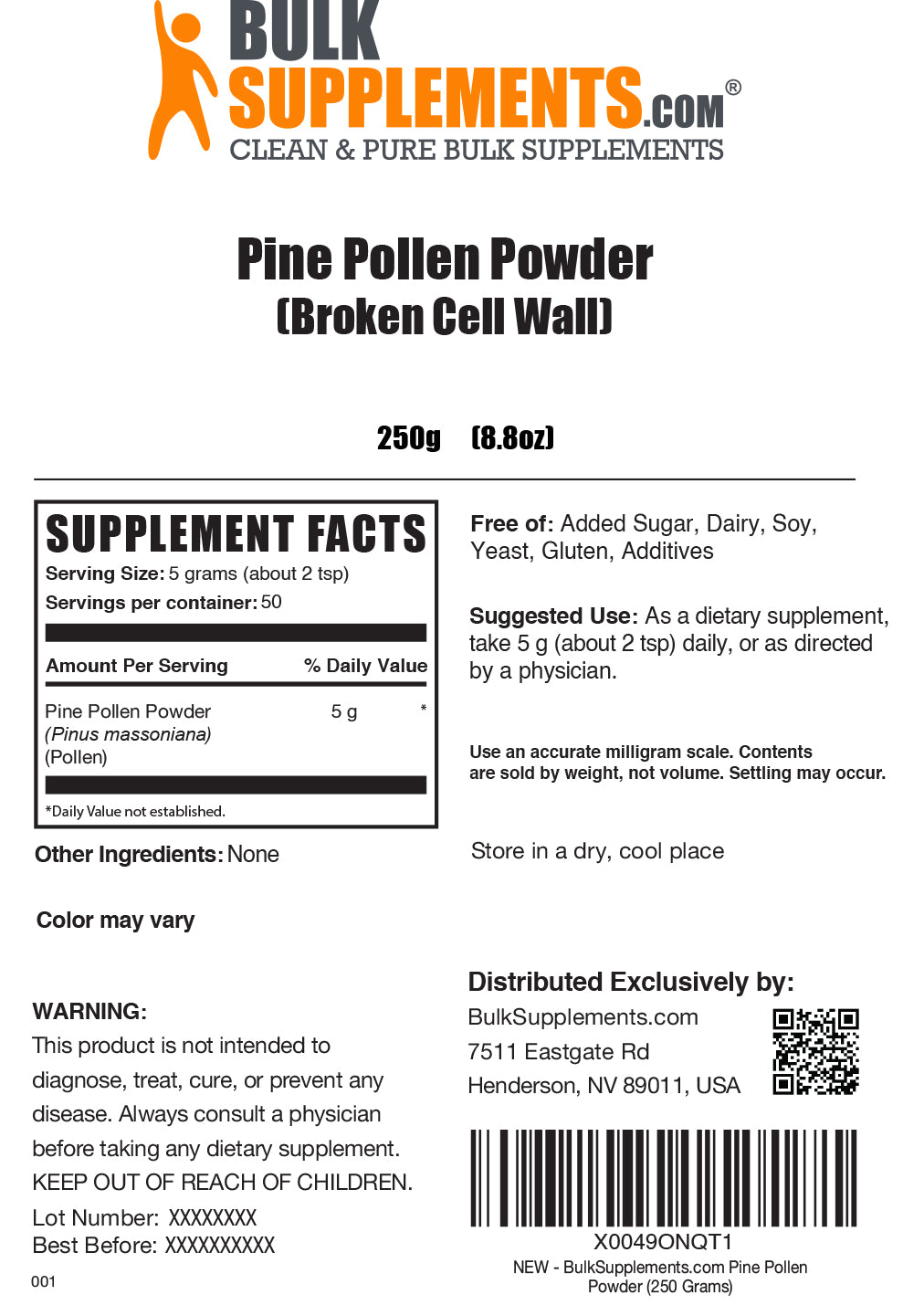 Pine pollen powder label 250g