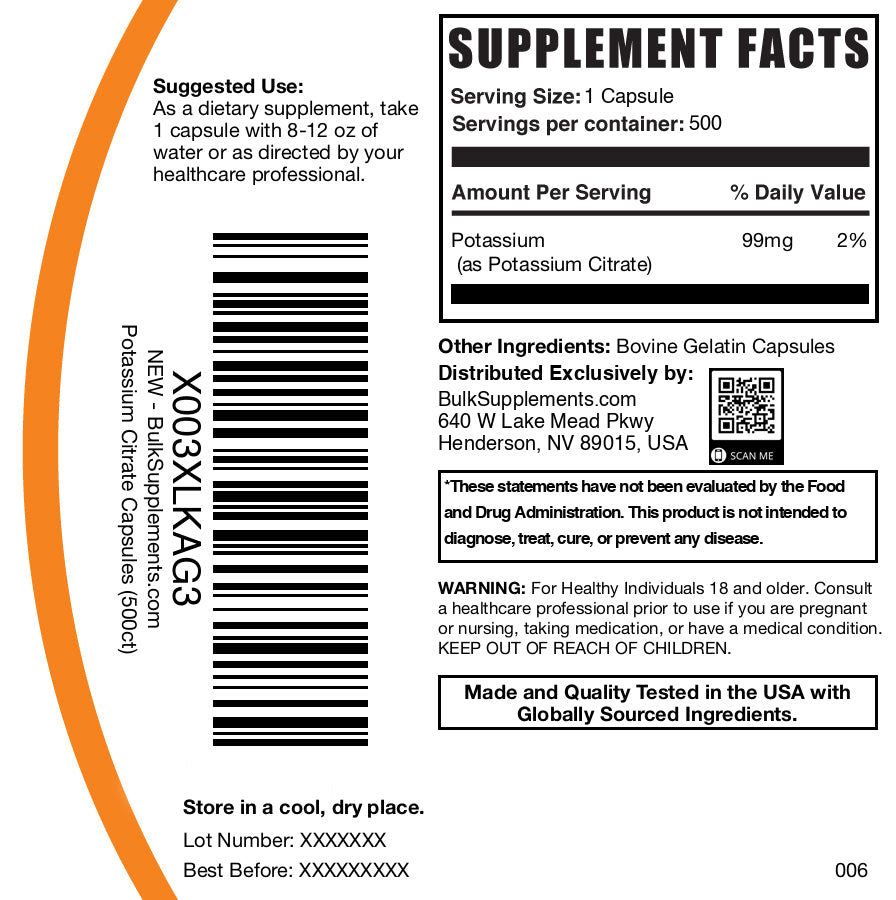 Potassium citrate 500 capsules label