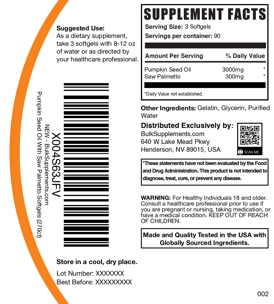 Pumpkin seed oil with saw palmetto 270 softgels label