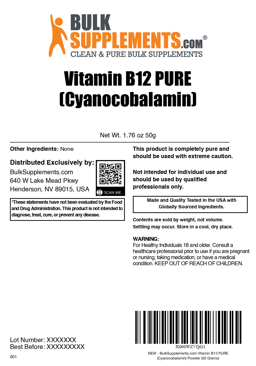 Vitamin B12 (Pure Cyanocobalamin) powder label 50g