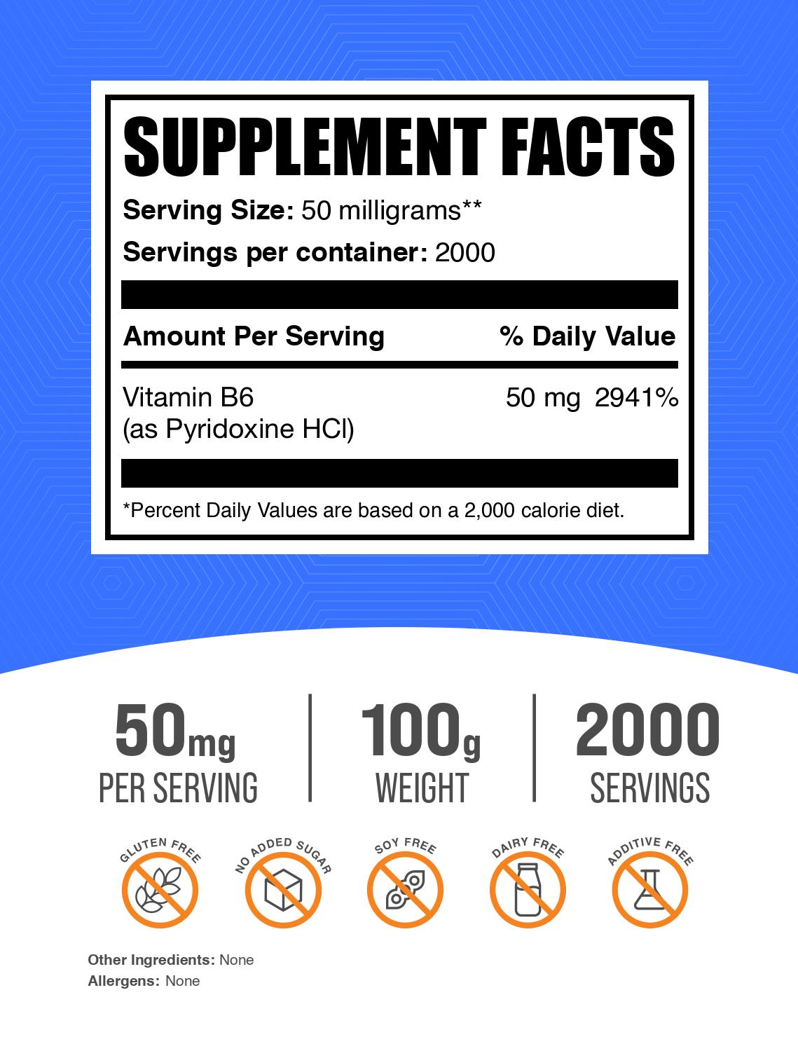 Pyridoxine Hydrochloride (Vitamin B6) 100g powder label