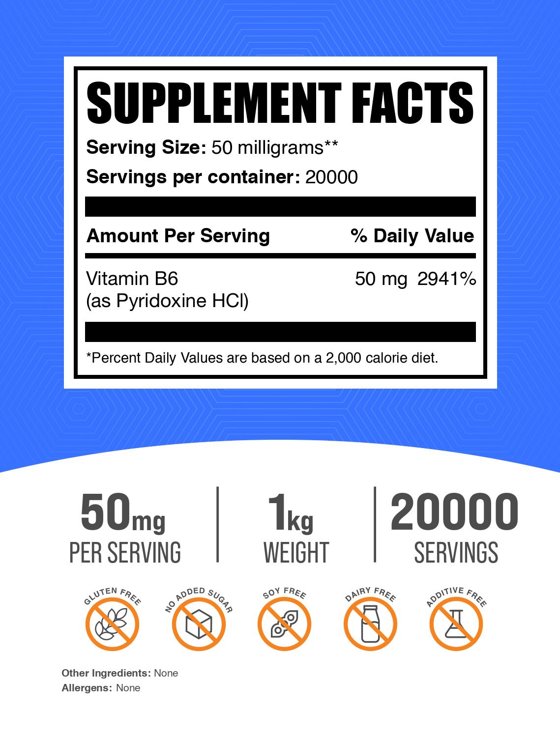 Pyridoxine Hydrochloride (Vitamin B6) 1kg powder label