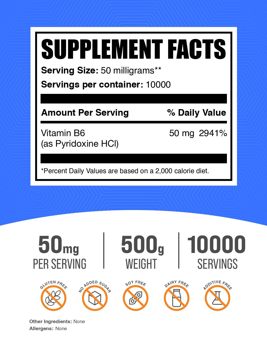 Pyridoxine Hydrochloride (Vitamin B6) 500g powder label