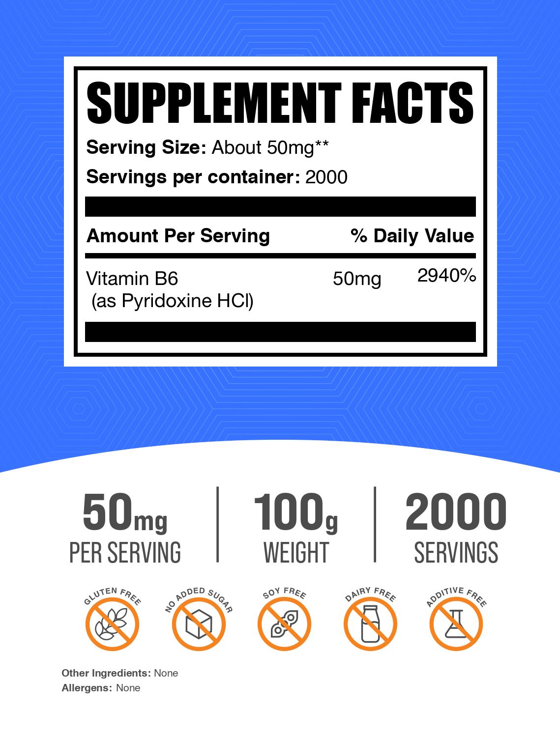 Pyridoxine HCl (Vitamin B6) powder label 100g