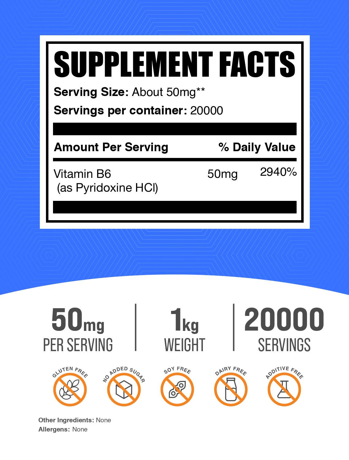 Pyridoxine HCl (Vitamin B6) powder label 1kg