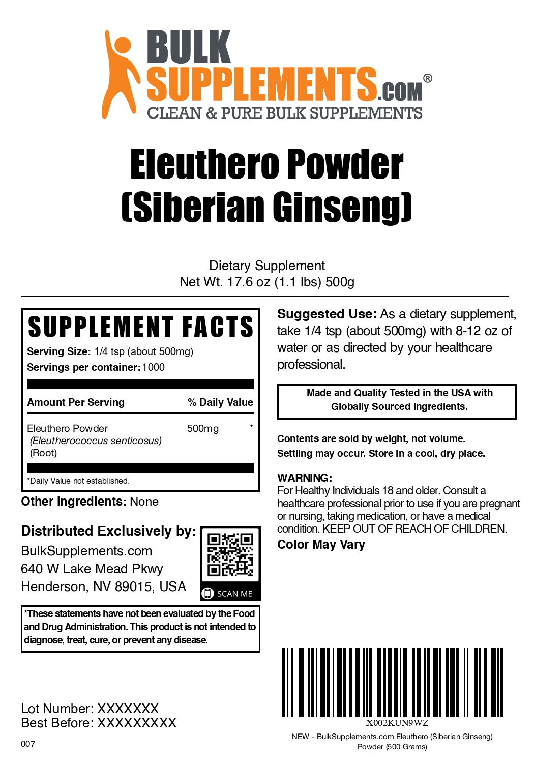 Eleuthero (siberian ginseng) powder label 500g