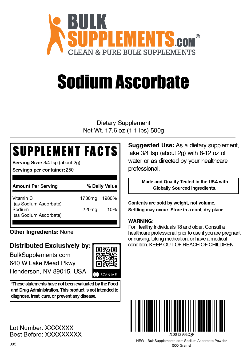 Sodium Ascorbate Powder 500g Bag Label