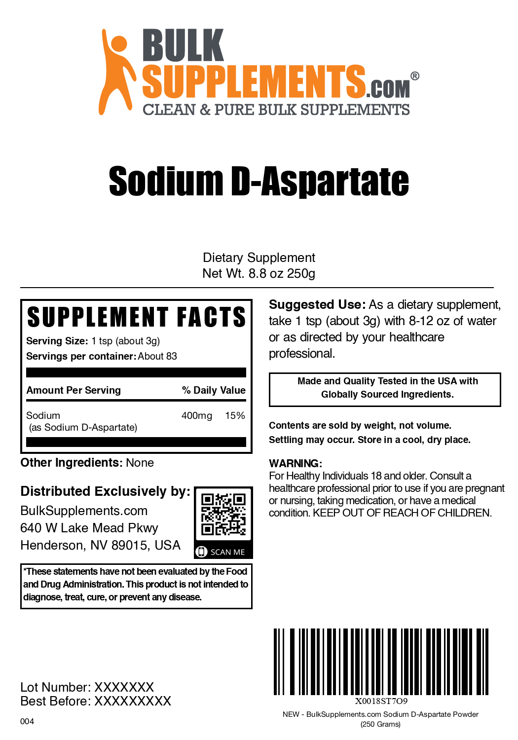 Sodium D-Aspartate powder label 250g