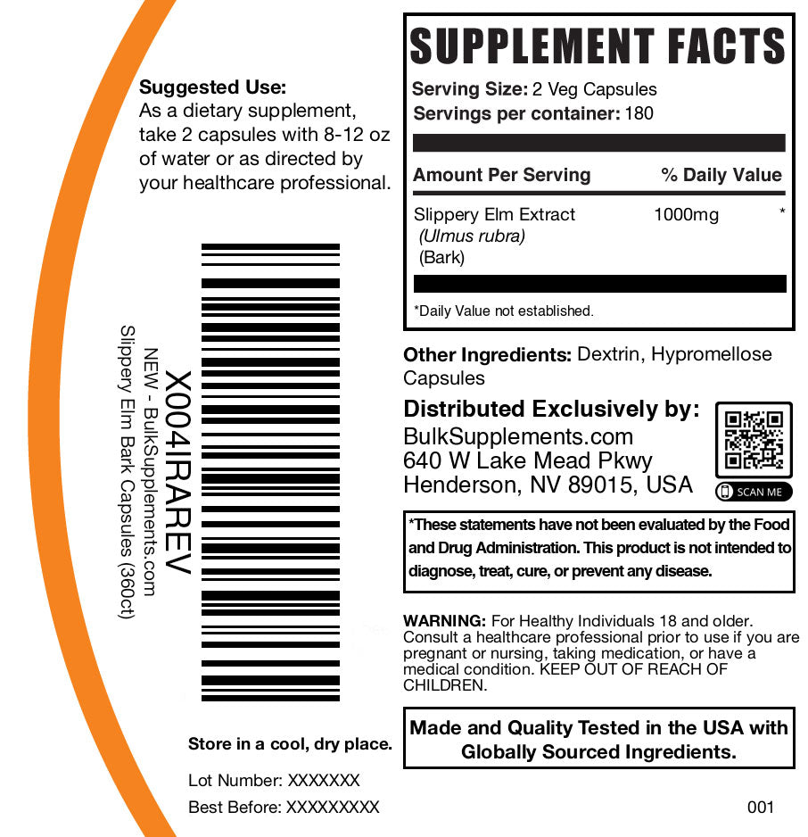 Slippery elm bark 360 capsules label