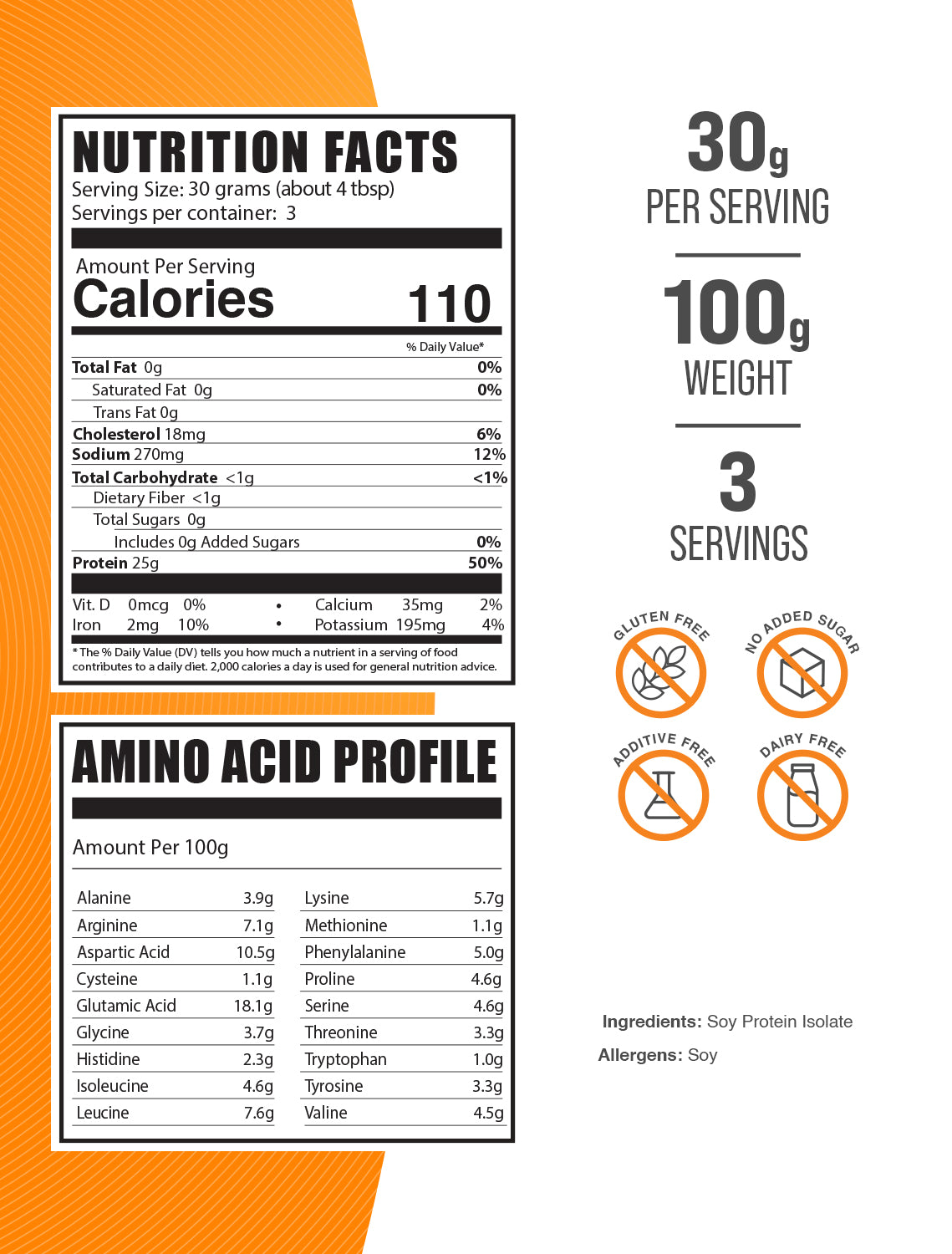 Soy Protein Isolate powder label 100g