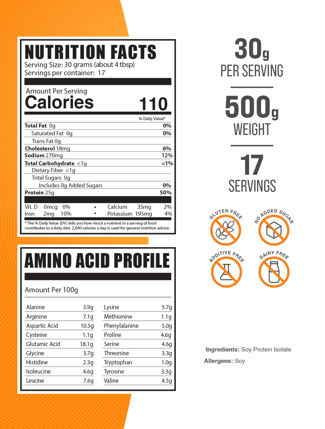 Soy Protein Isolate powder label 500g