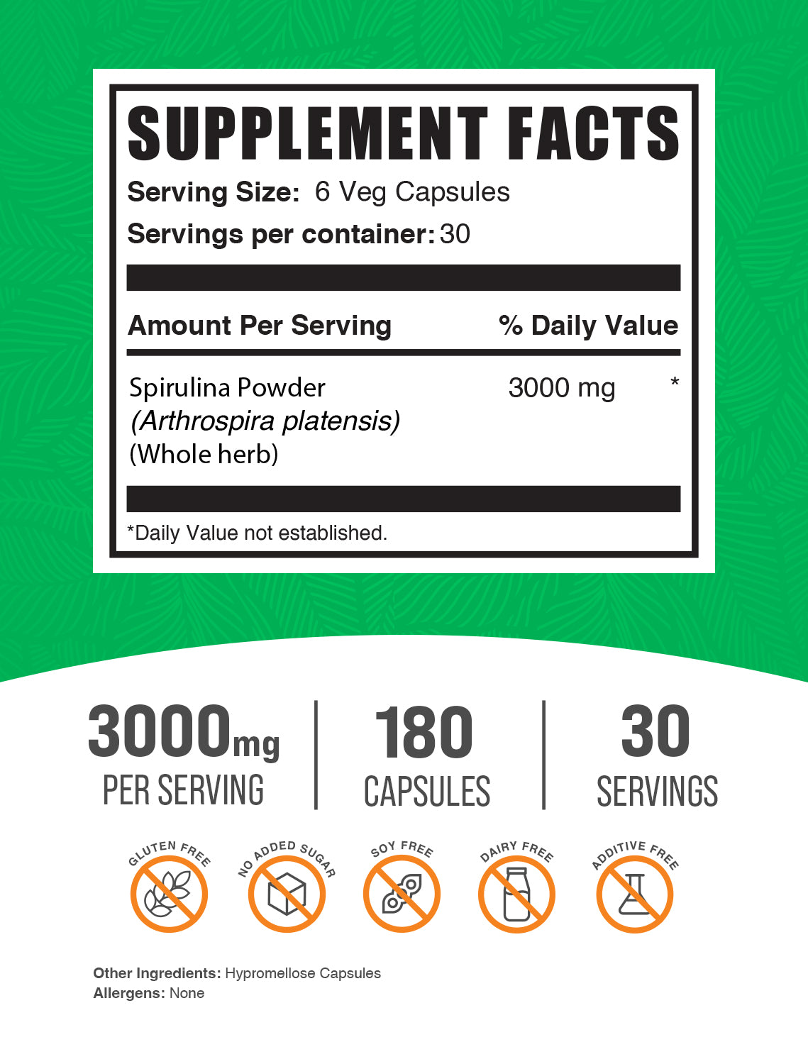 Spirulina capsules 180 ct label