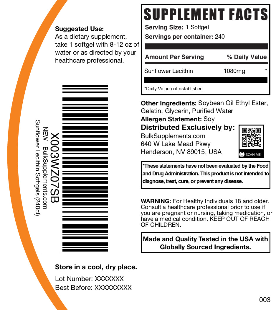 Sunflower lecithin 240 softgels label