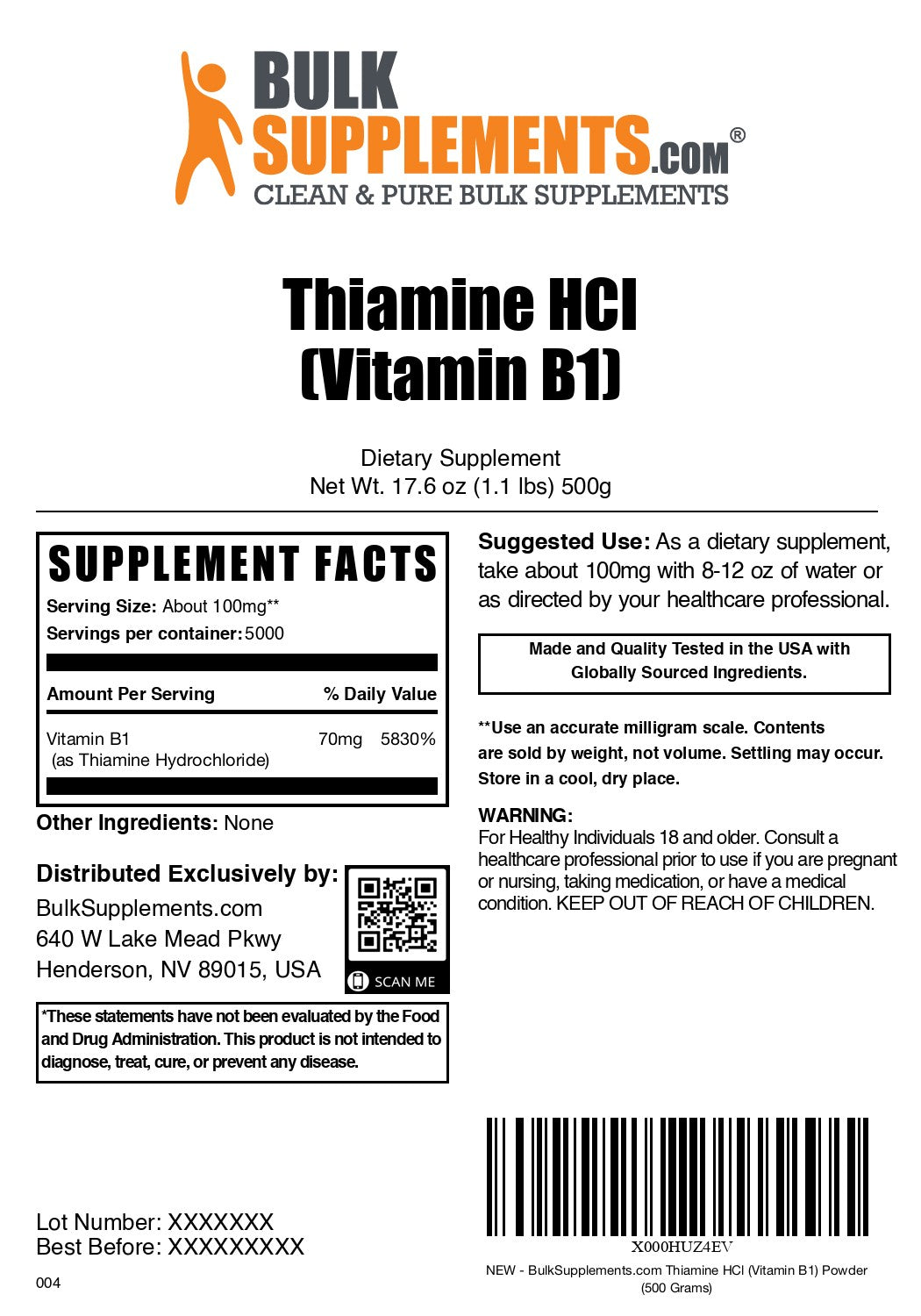 Thiamine HCL (Vitamin B1) 500g label