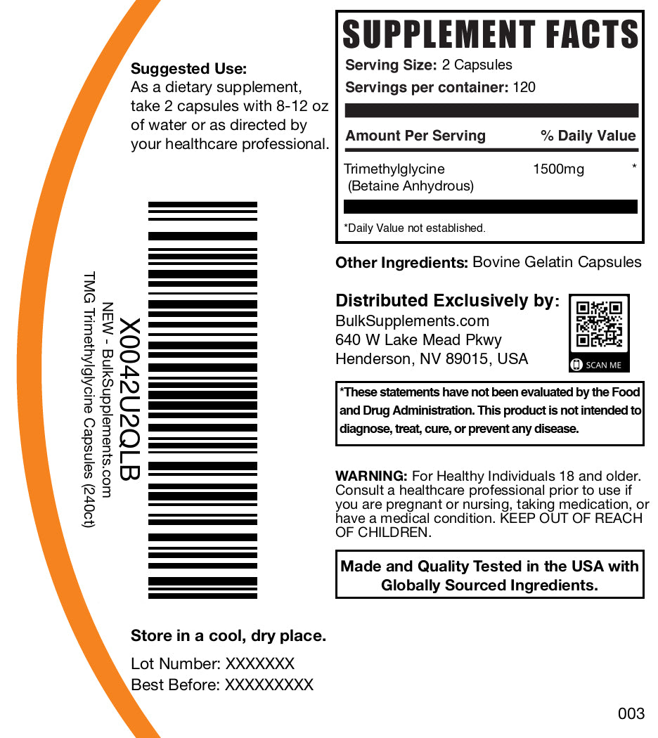 Betaine Anhydrous (TMG) 240 capsules label