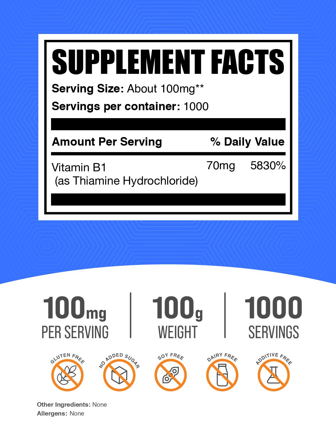 Thiamine HCl (Vitamin B1) powder label 100g