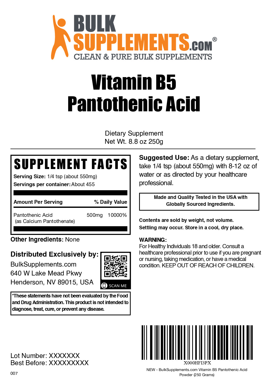 Vitamin B5 powder label 250g
