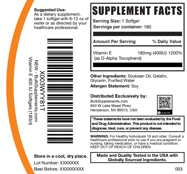 Vitamin E 400IU 180 Softgels Plain Label