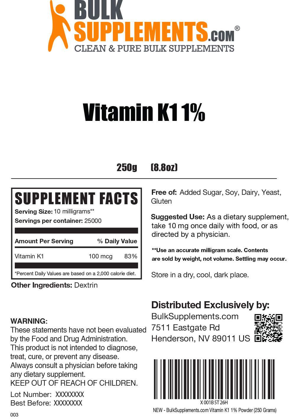 Vitamin K1 powder label 250g