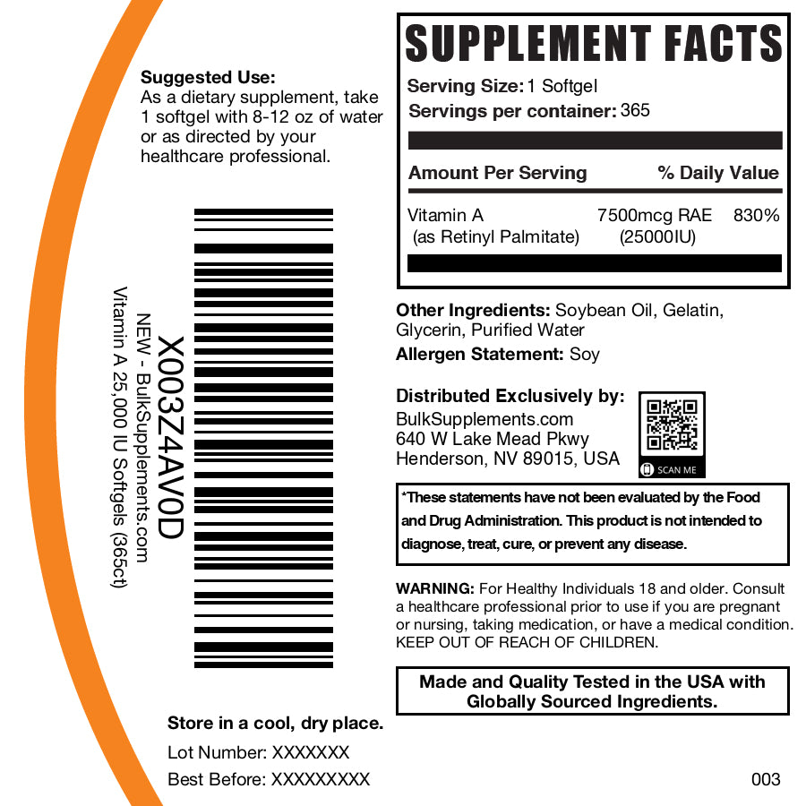 Vitamin A 25000IU 365 softgels label