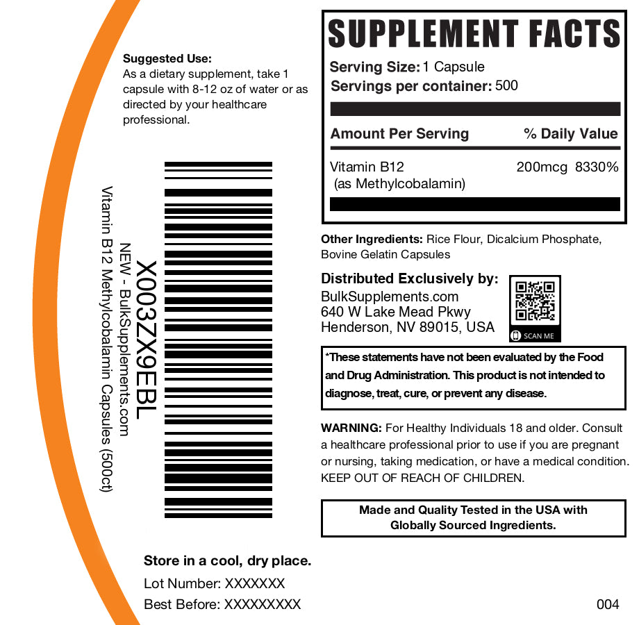 Vitamin B12 200mcg (1% Methylcobalamin) 500 capsules label