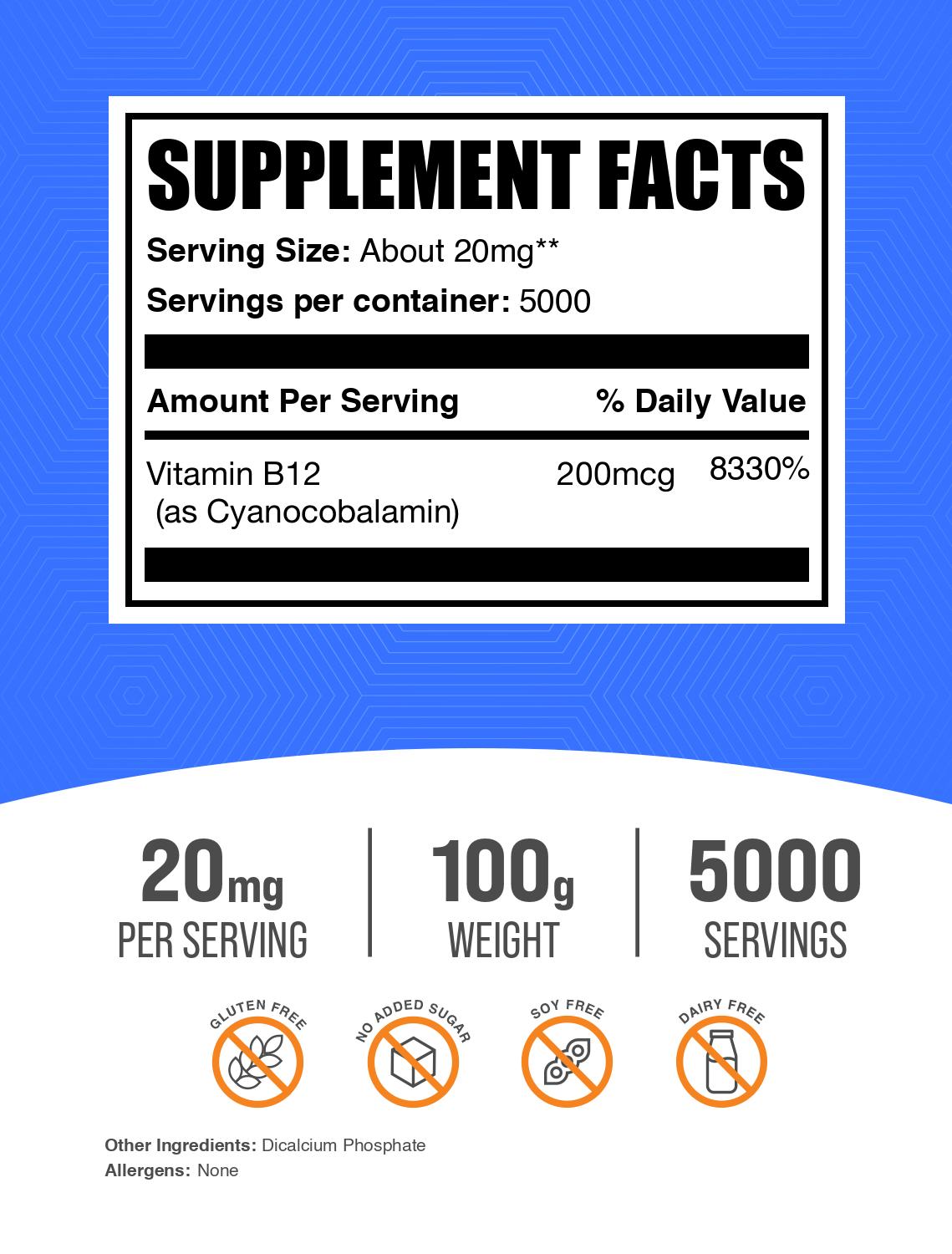 Vitamin B12 1% (Cyanocobalamin) powder label 100g