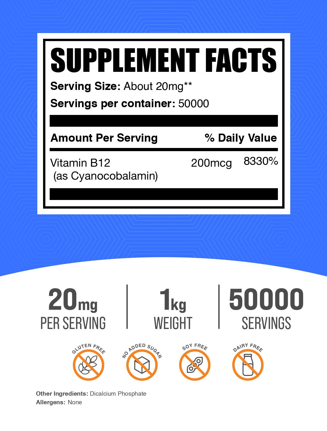 Vitamin B12 1% (Cyanocobalamin) powder label 1kg