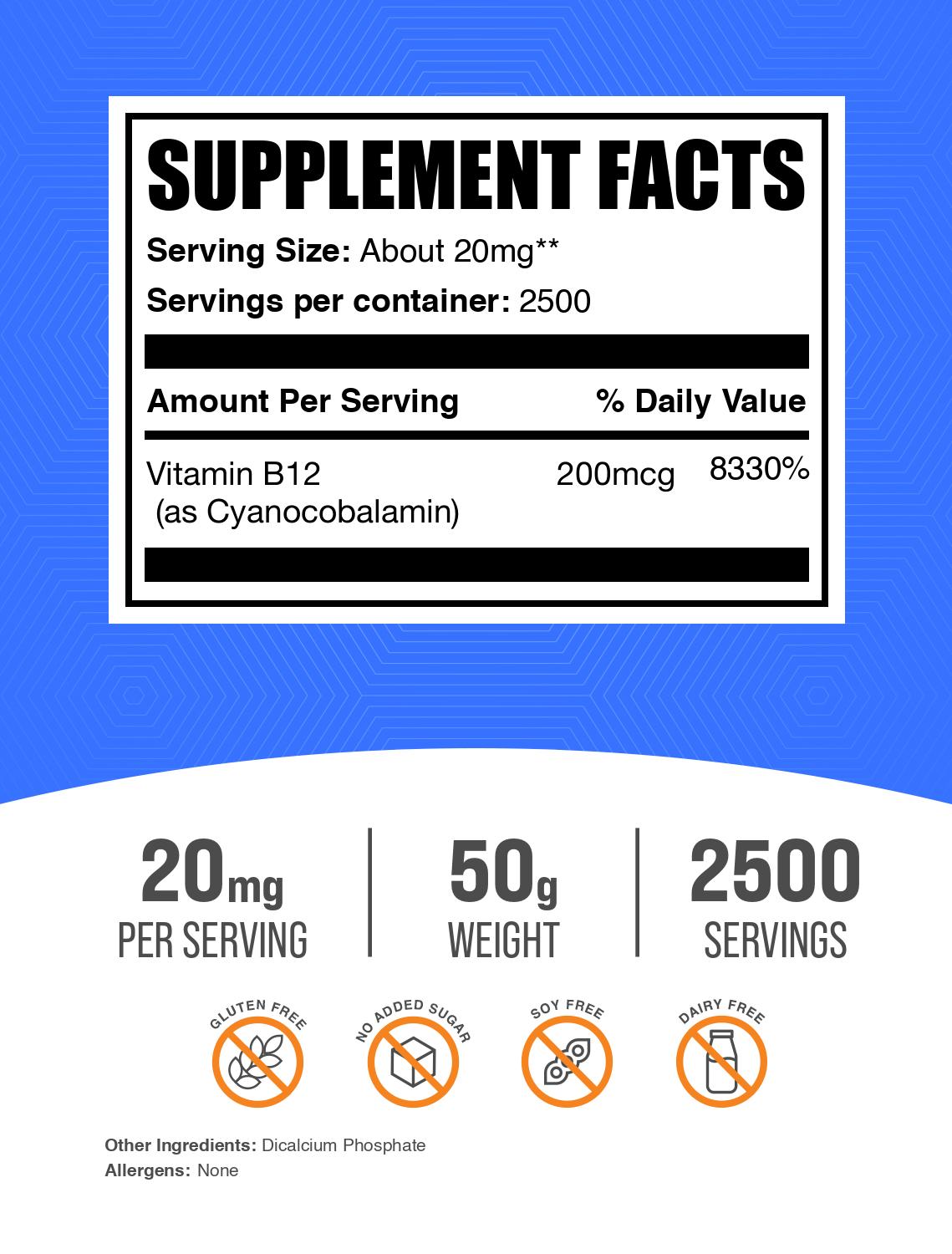 Vitamin B12 1% (Cyanocobalamin) powder label 50g
