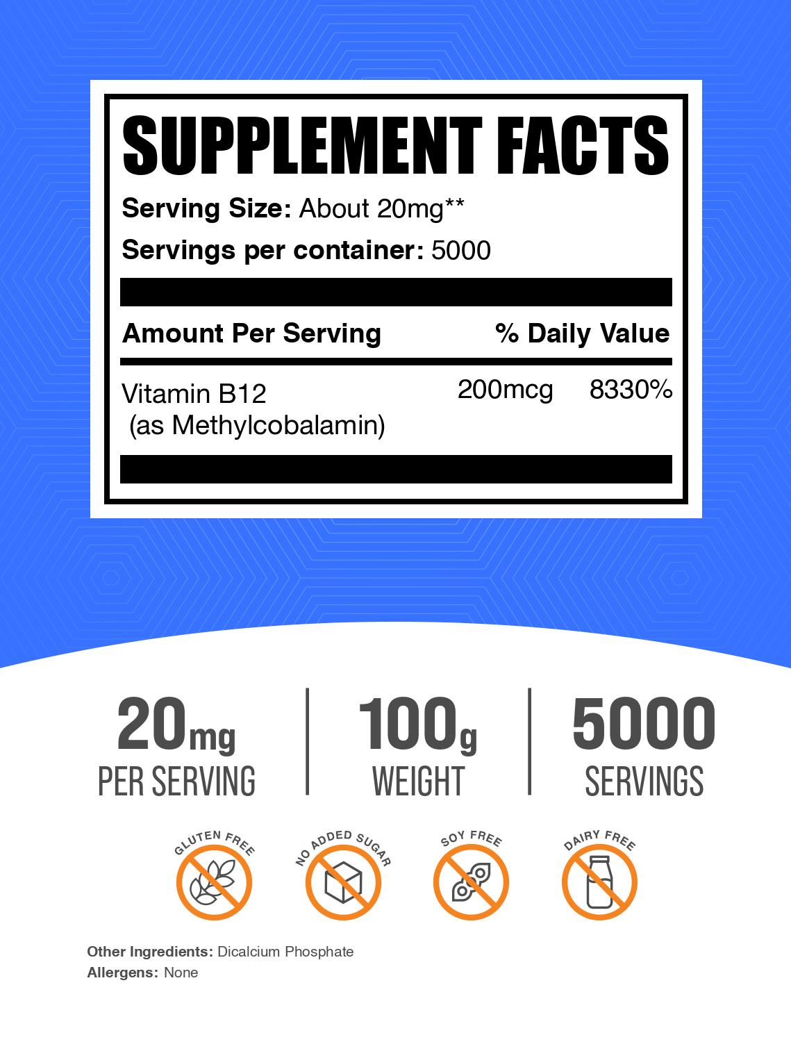 Vitamin B12 1% methylcobalamin powder label 100g
