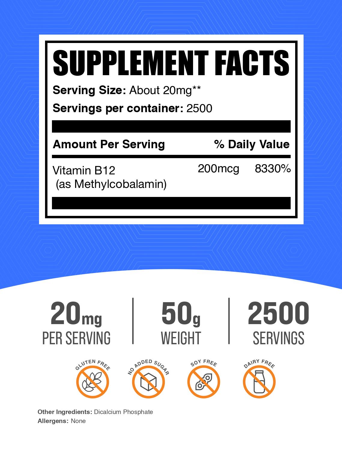 Vitamin B12 1% methylcobalamin powder label 50g